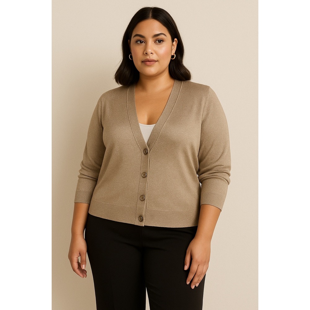 Quiet Luxury Metallic Taupe Knit Cardigan Minimalist‎ Soft Neutral Layering XL